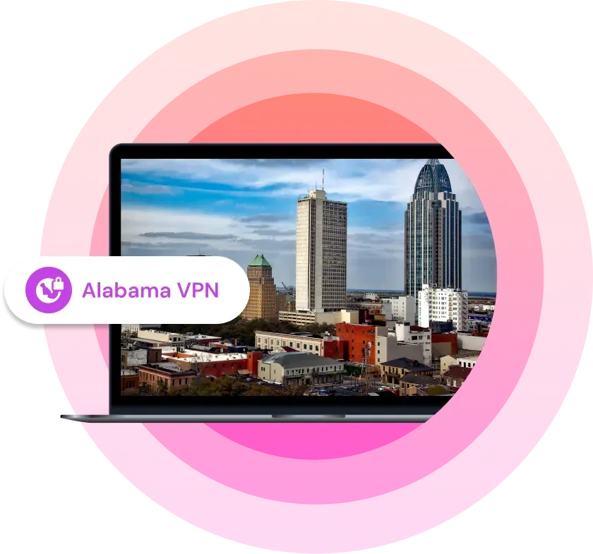 Illustration showing a laptop with a picture of an Alabama city on it with the text "Alabama VPN" next to it